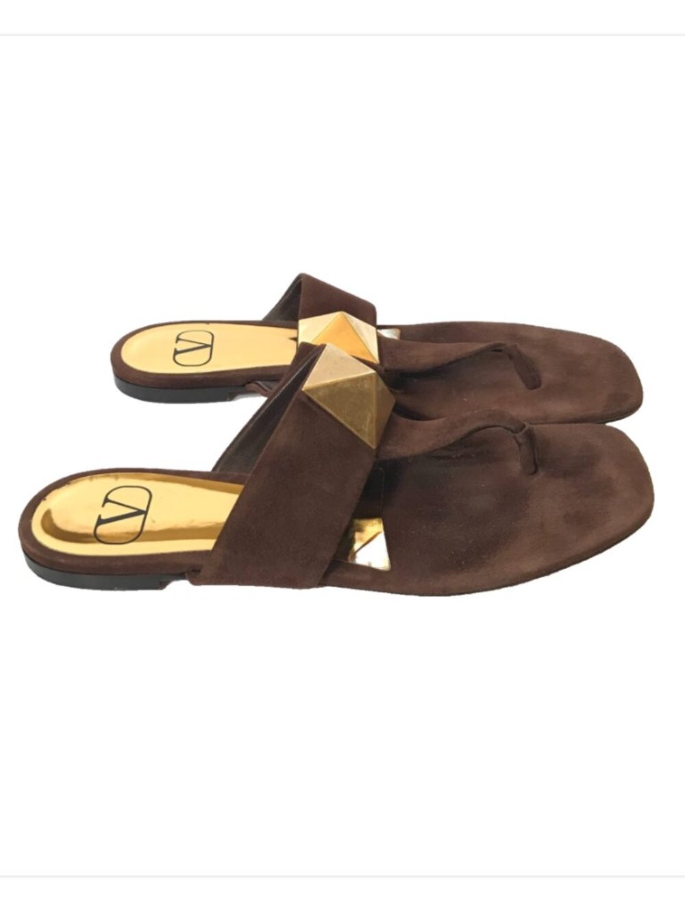 Valentino Garavani One Stud Flat Thong Sandals Womens 39.5 9 Brown Suede Gold - Picture 4 of 11